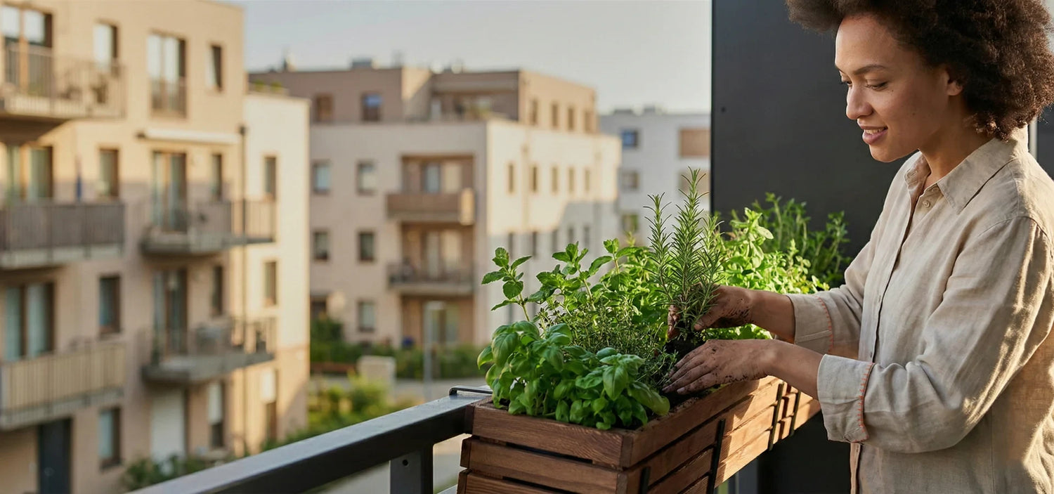 Kobieta sadzi zioła w drewnianej donicy balkonowej, bloki mieszkalne w tle.