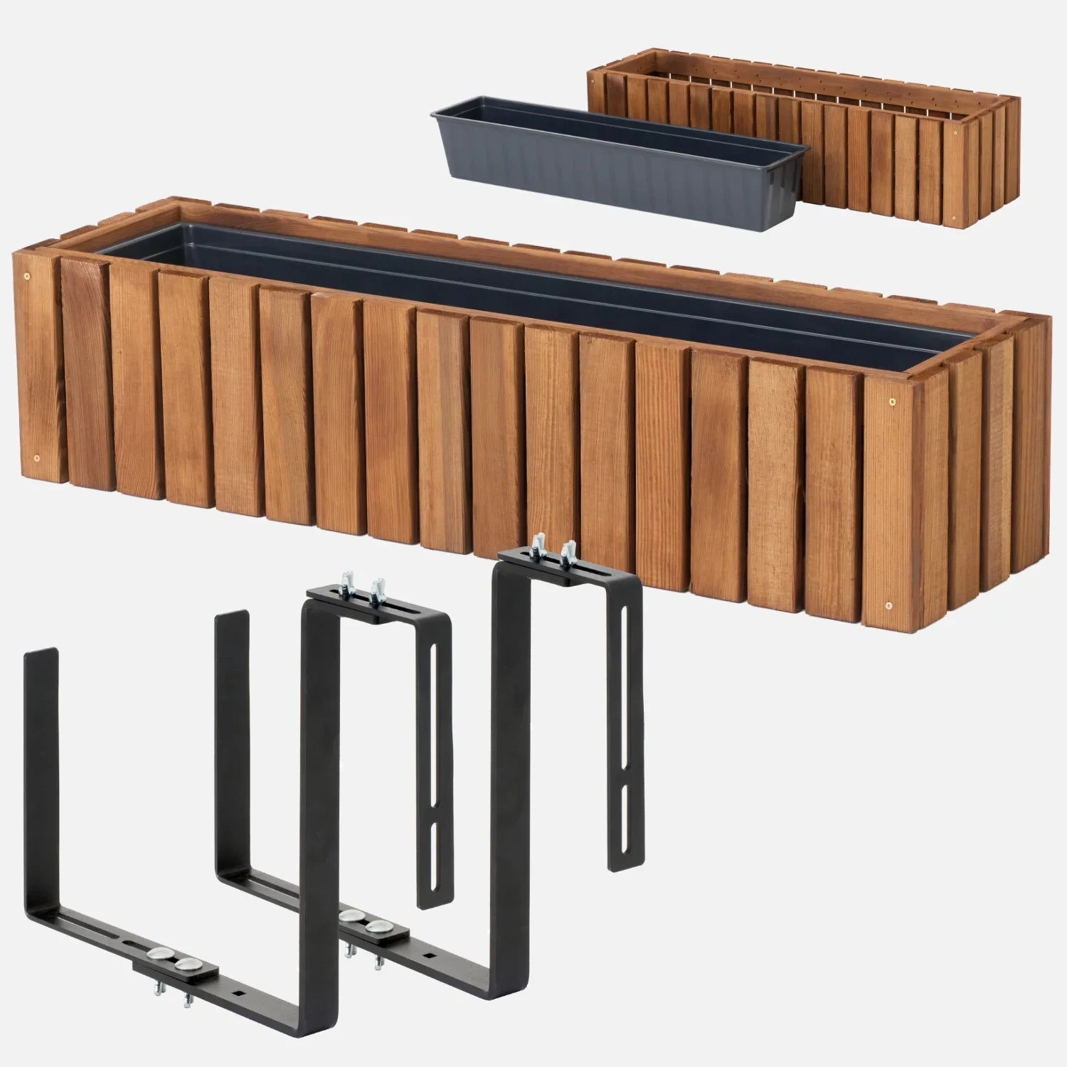 Holz-Balkonkasten 86 cm Braun + Halterung – Lamellen – homerzo