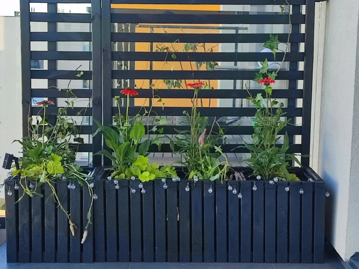 Czarna drewniana donica z kratką, rośliny i kwiaty na balkonie, ozdobiona lampkami LED