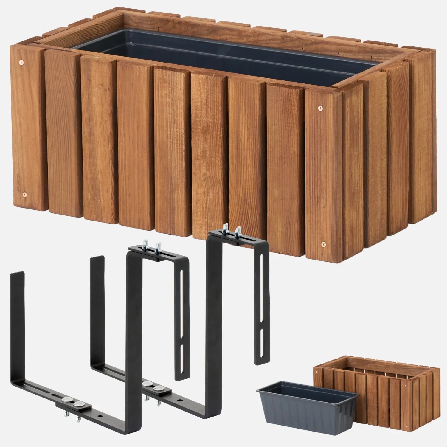 Holz-Balkonkasten 45 cm Braun + Halterung – Lamellen – homerzo