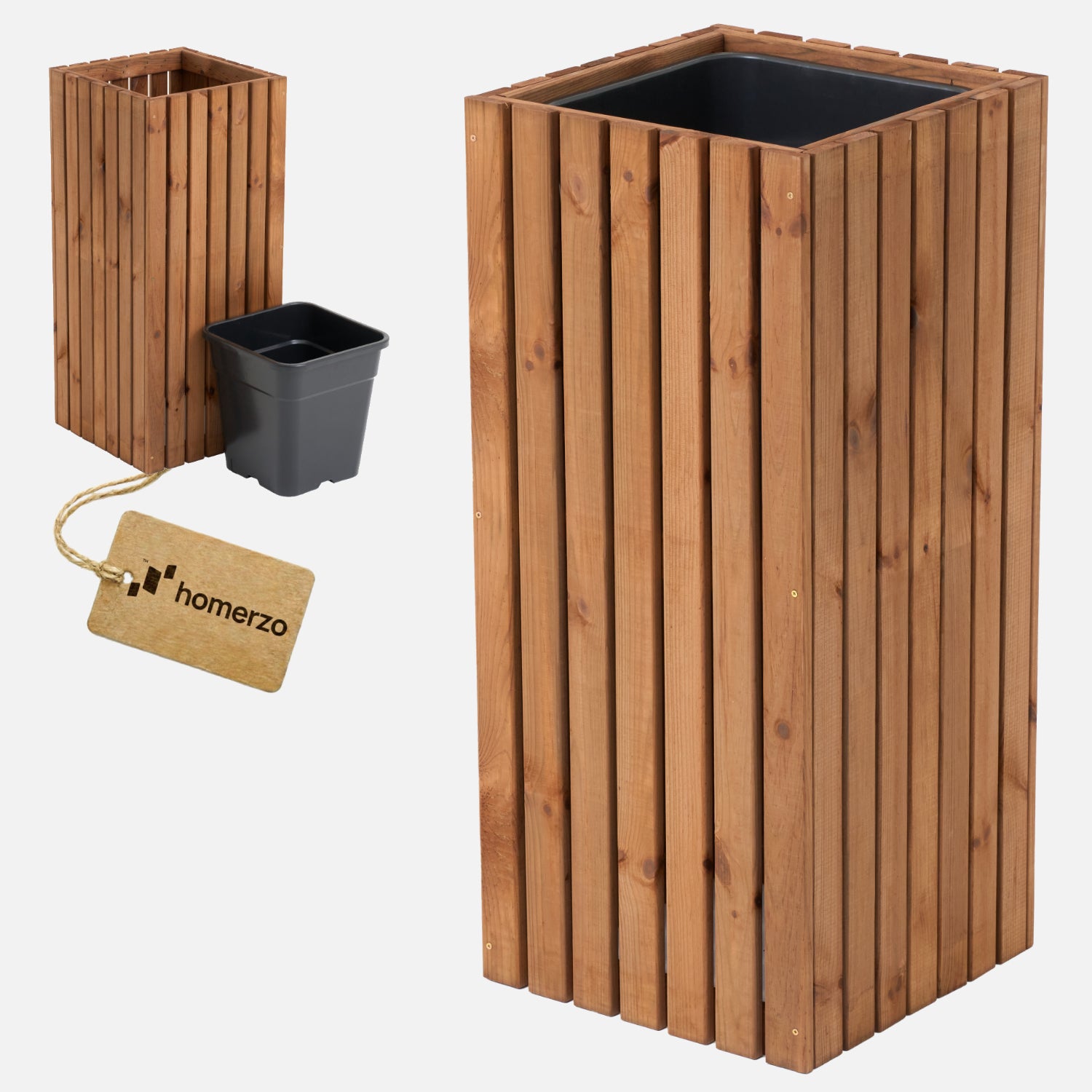 Großer hoher Garten-Pflanzkübel aus Holz 80 cm, Einsatz 1x18l Terrasse Balkon Garten, Lamellen – homerzo