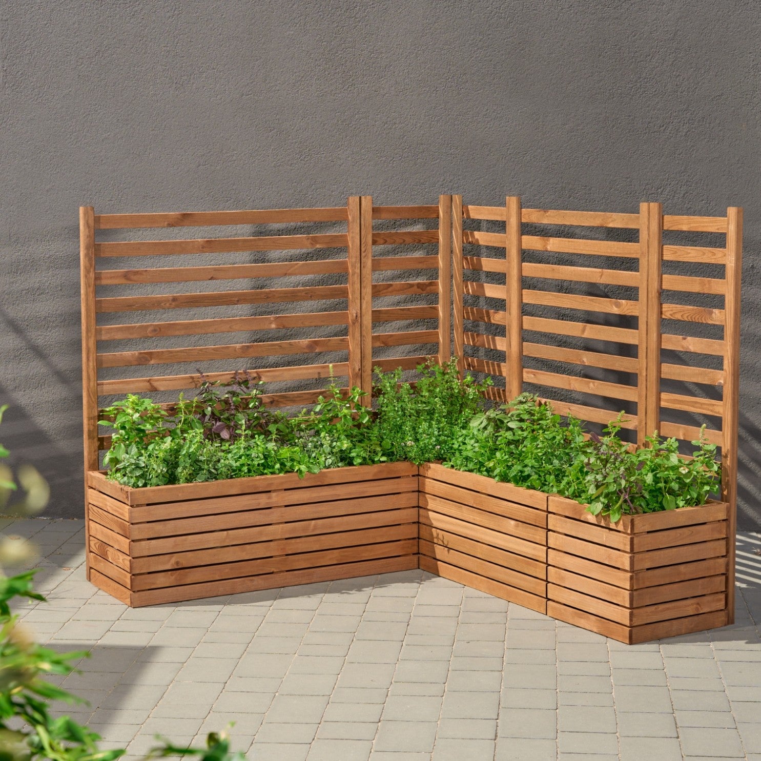 Donica ogrodowa drewniana z kratką pergola 112cm, wkład 3x18l, brązowa