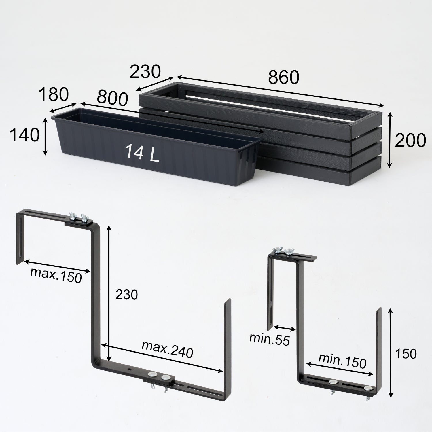 Balkonový květináč 86 cm antracit + vložka 14 l + rukojeť balkon/terasa