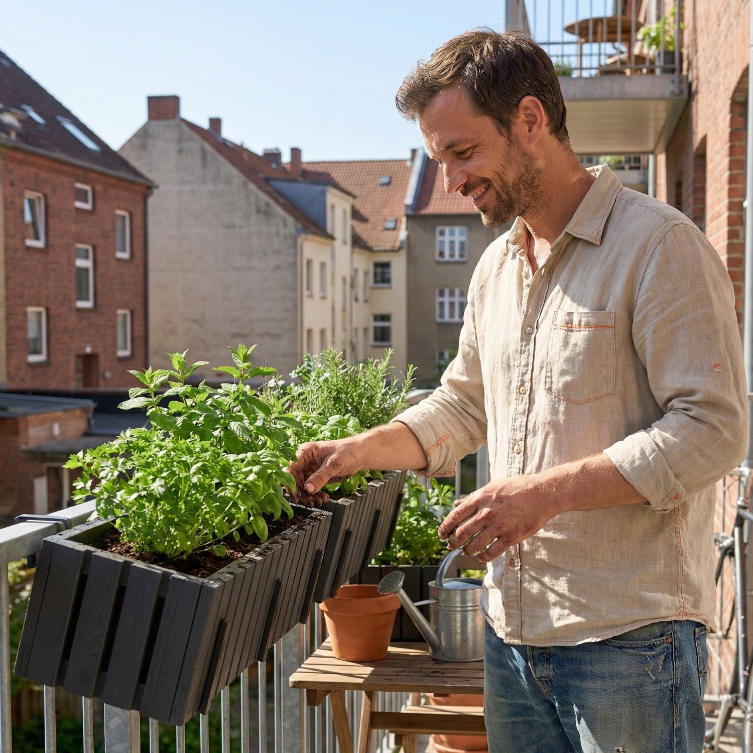 Vaso da balcone 45 cm antracite + inserto 6,8 l + manico balcone terrazza