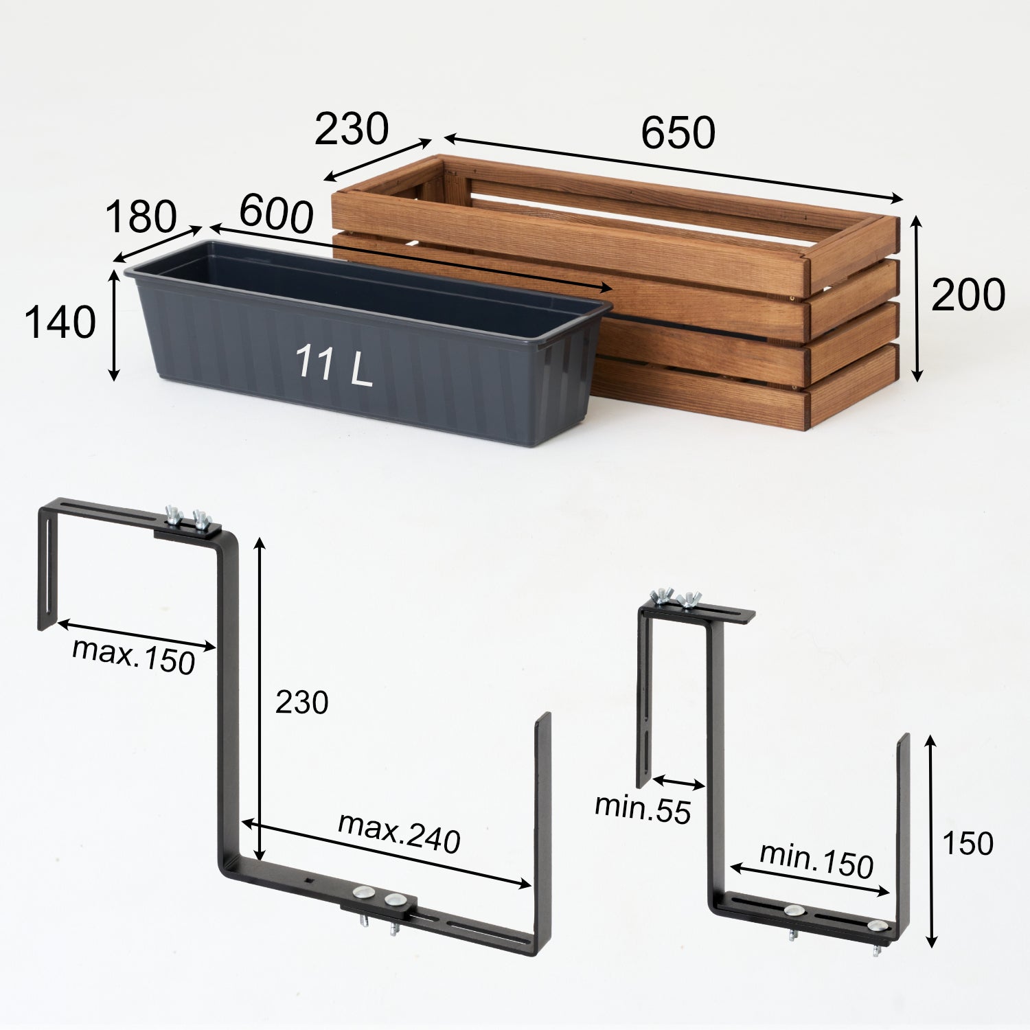 Pot de fleurs marron 65 cm + insert 11 l + poignée pour balcon/terrasse