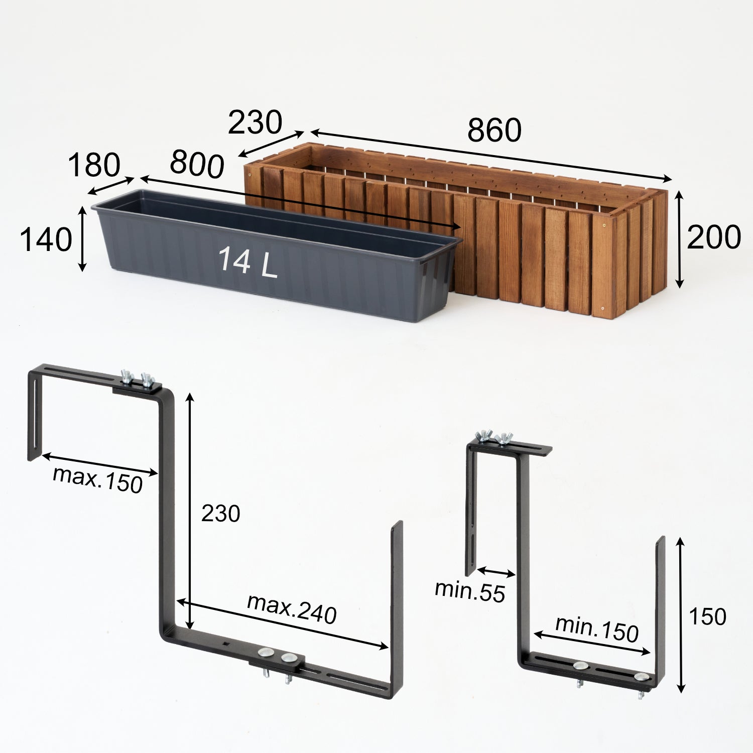 Balkonový květináč 86 cm hnědý + vložka 14 l + rukojeť balkon/terasa