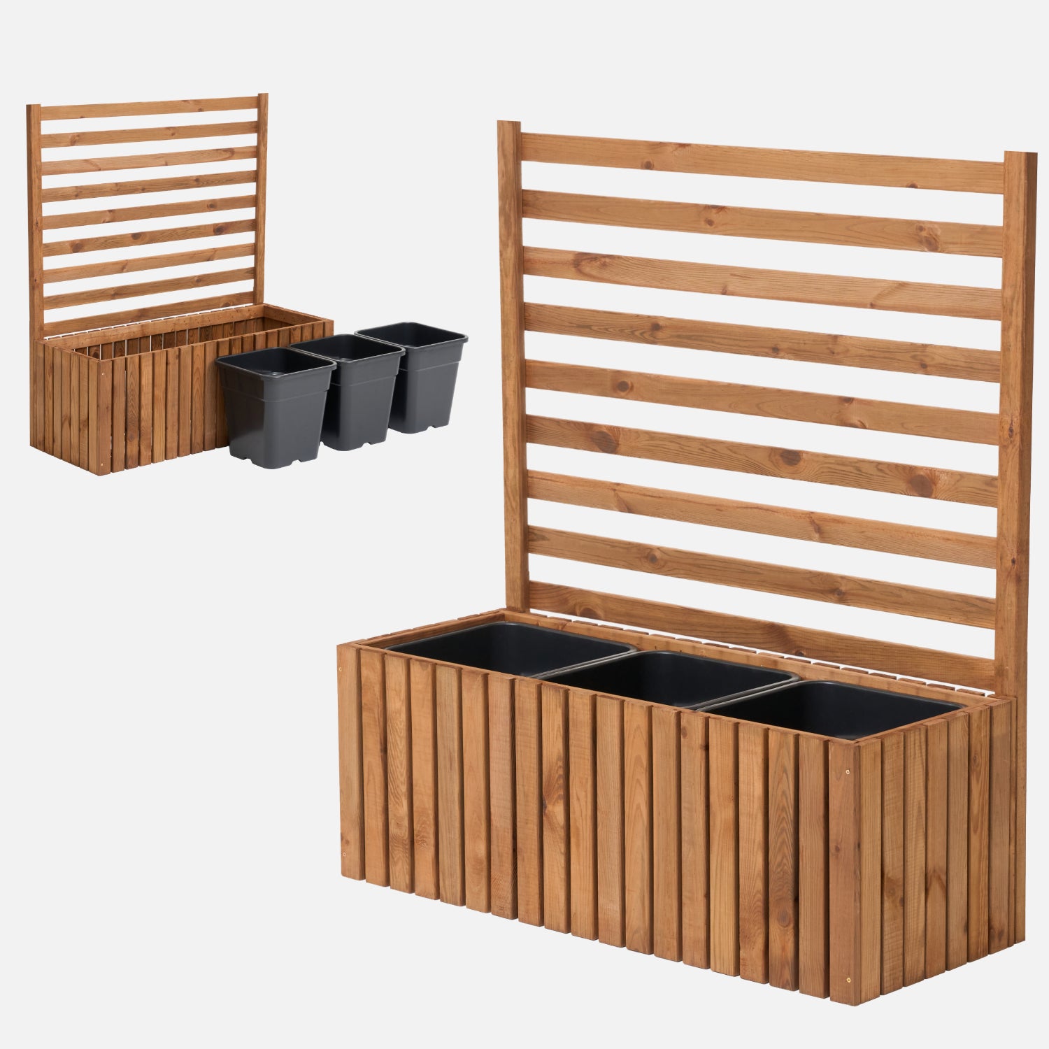 Donica ogrodowa drewniana z kratką pergola 112cm, wkład 3x18l, brązowa