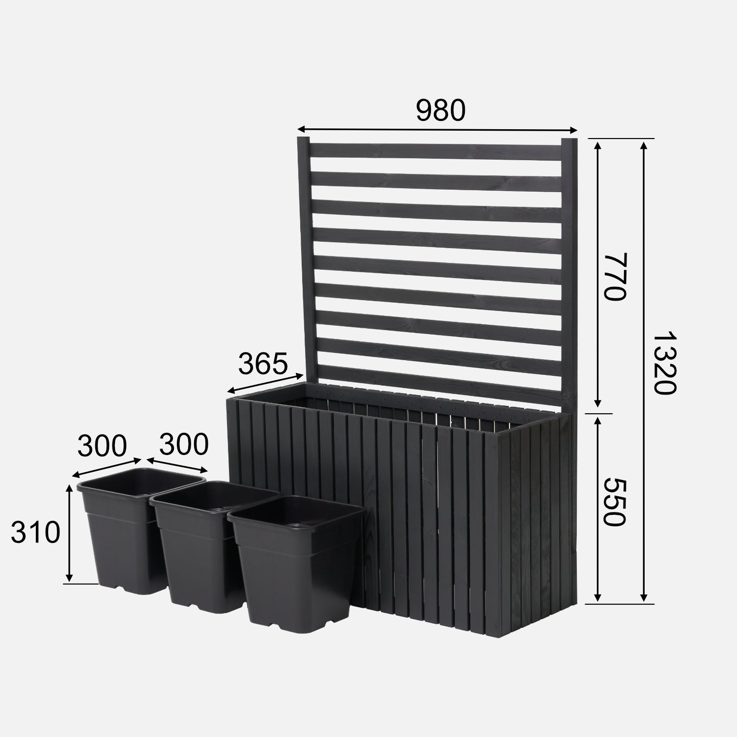 Donica ogrodowa drewniana z kratką pergola 132cm, wkład 3x18l, antracytowa