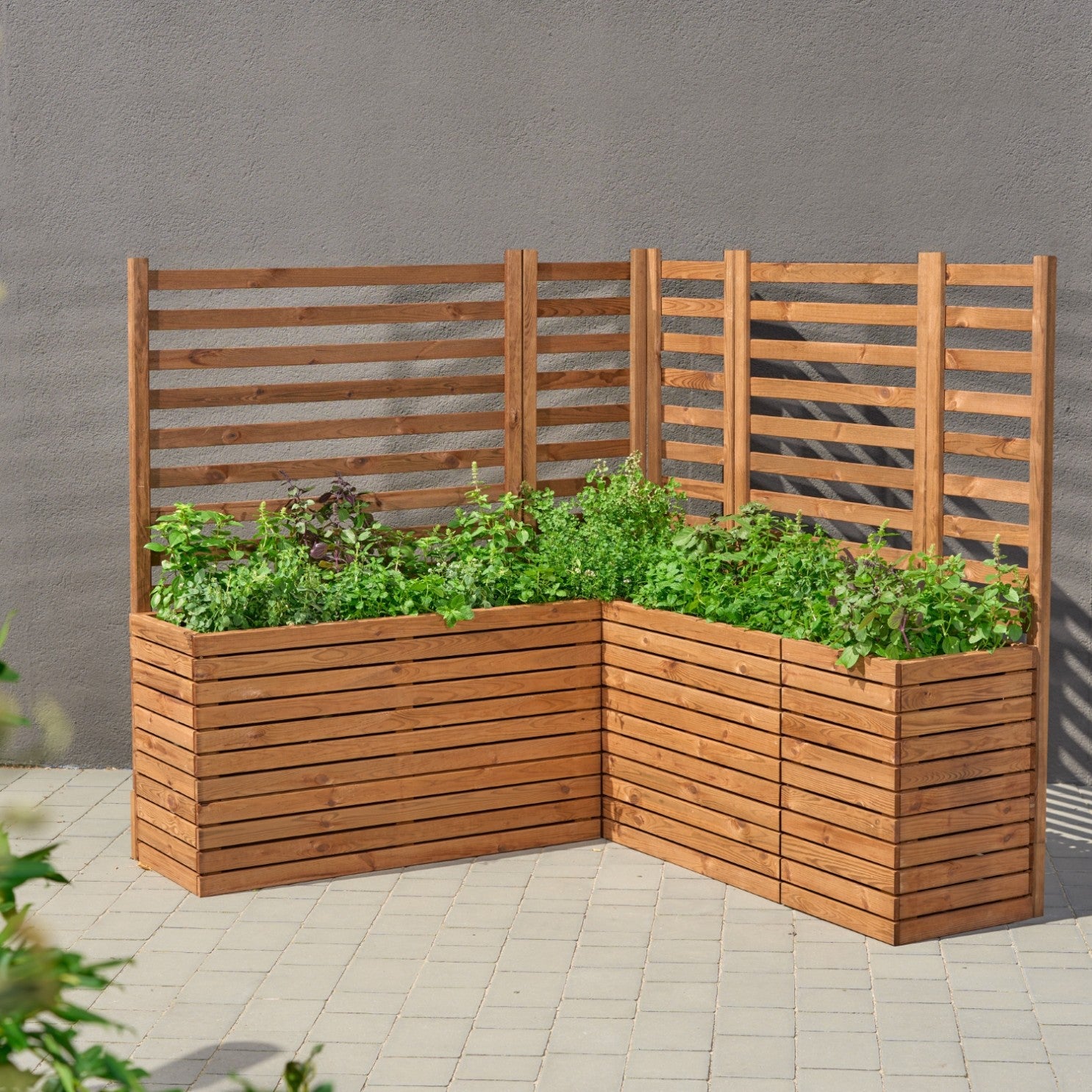 Donica ogrodowa drewniana z kratką pergola 132cm, wkład 3x18l, brązowa