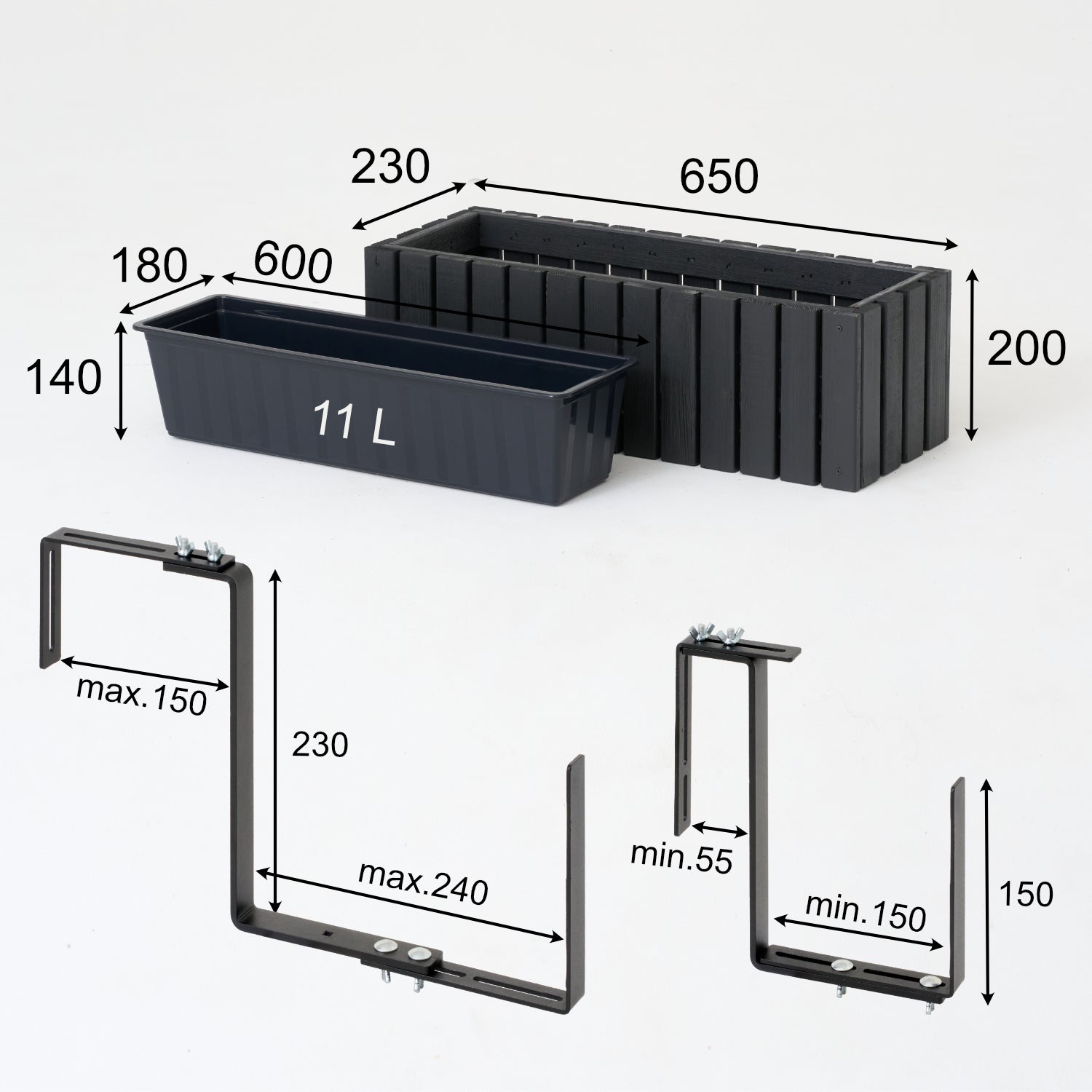 Vaso da balcone 65 cm antracite + inserto da 11 l + manico balcone terrazza