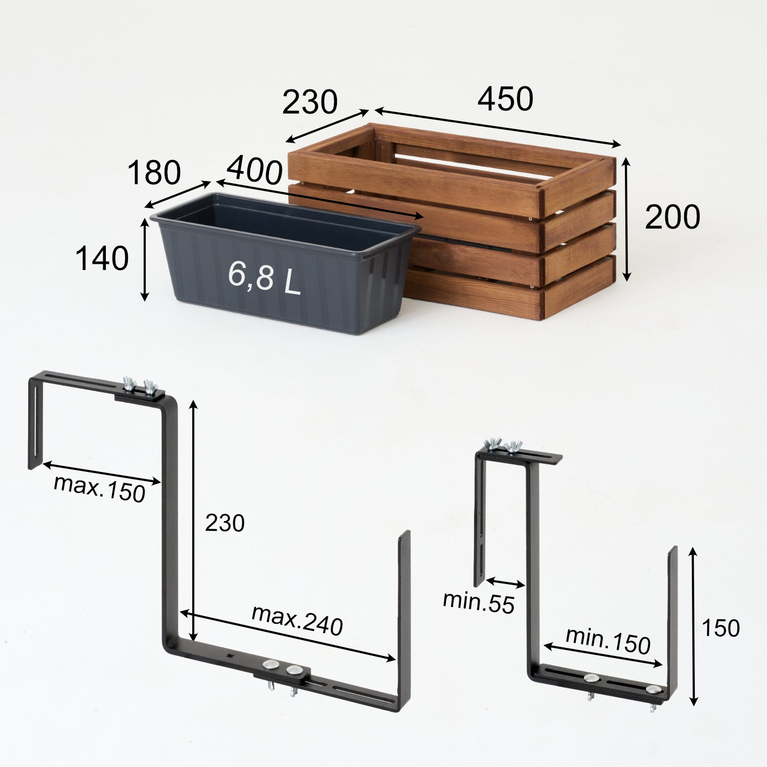 Pot de fleurs de balcon 45 cm marron + insert 6,8 l + poignée pour balcon et terrasse