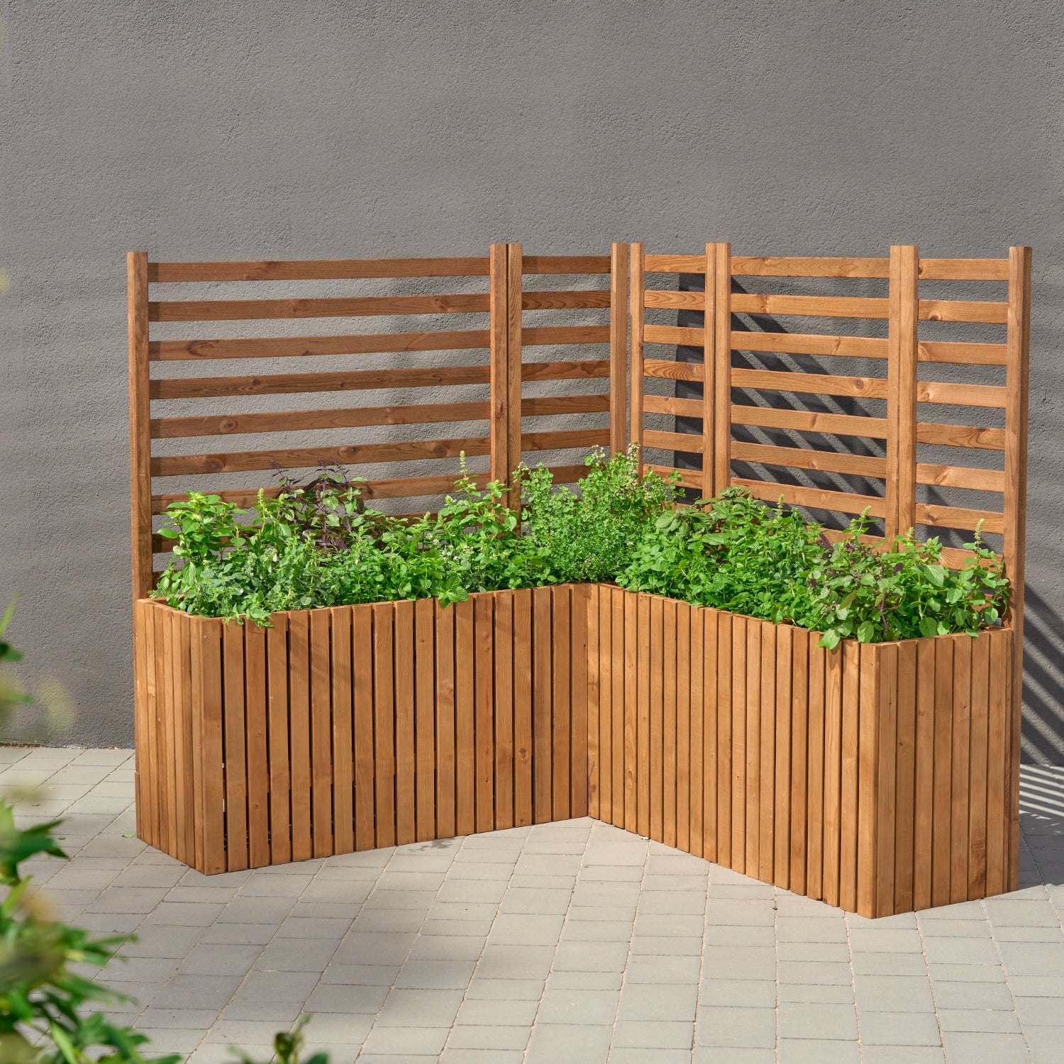 Maceta de jardín de madera con enrejado tipo pérgola de 132 cm, inserto 2x18 l, color marrón 