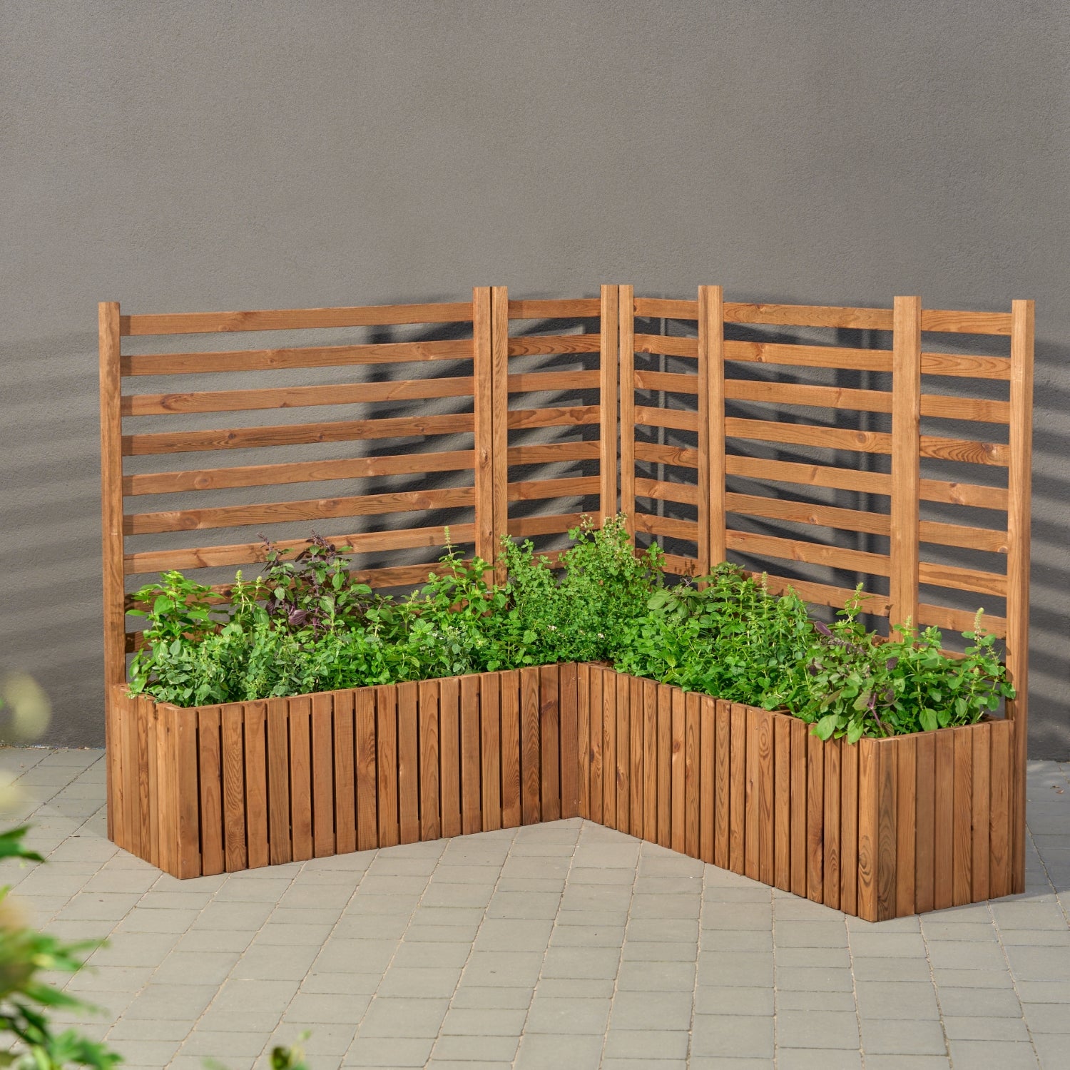 Maceta de jardín de madera con enrejado tipo pérgola de 112 cm, inserto 2x18 l, color marrón 