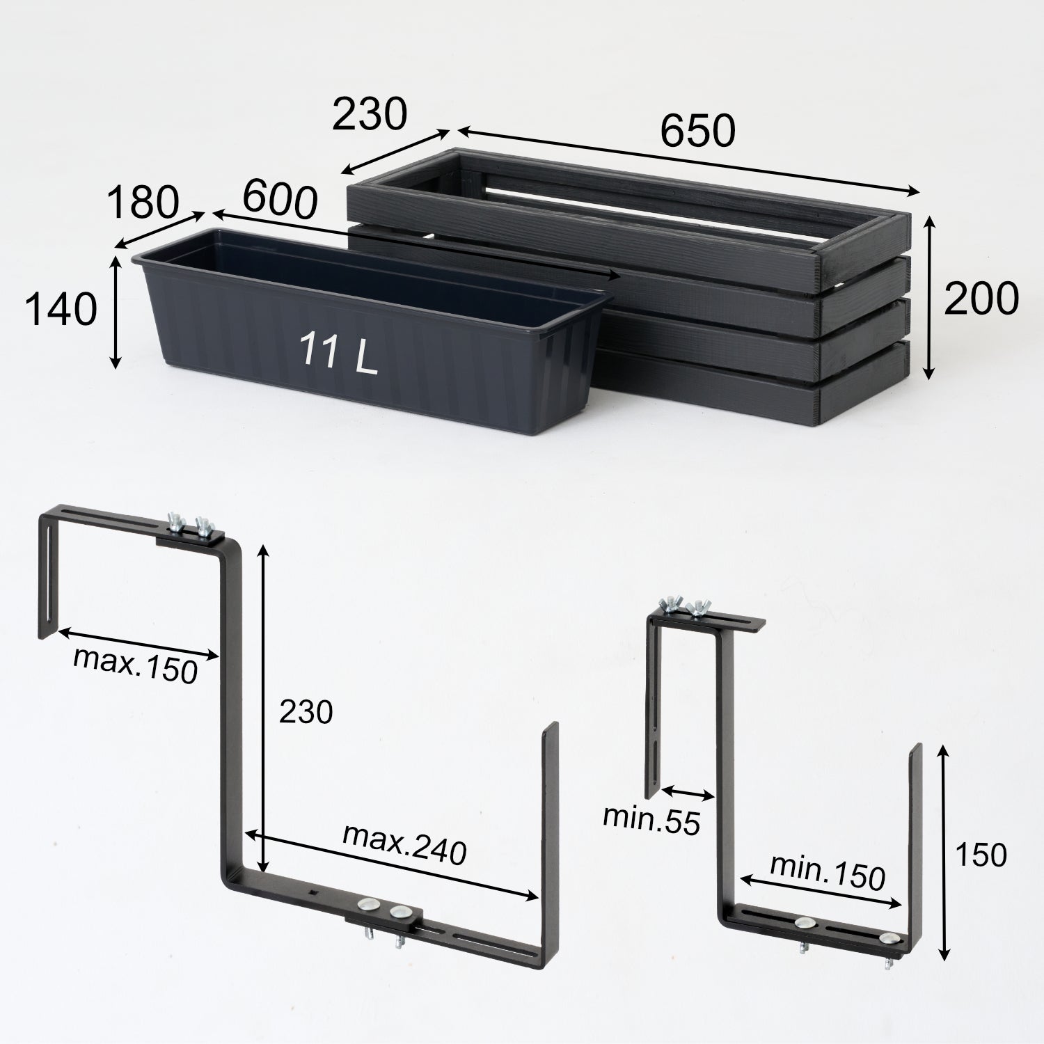 Balkonblumentopf 65 cm anthrazit + 11 l Einsatz + Griff für Balkon und Terrasse