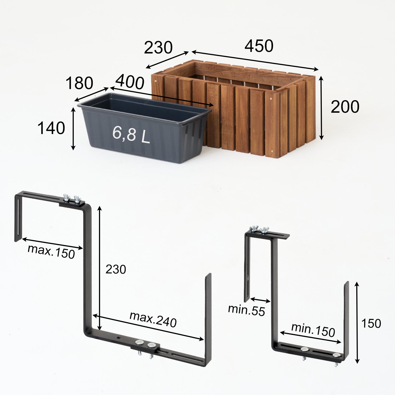 Vaso da balcone 45 cm marrone + inserto da 6,8 l + manico balcone terrazza