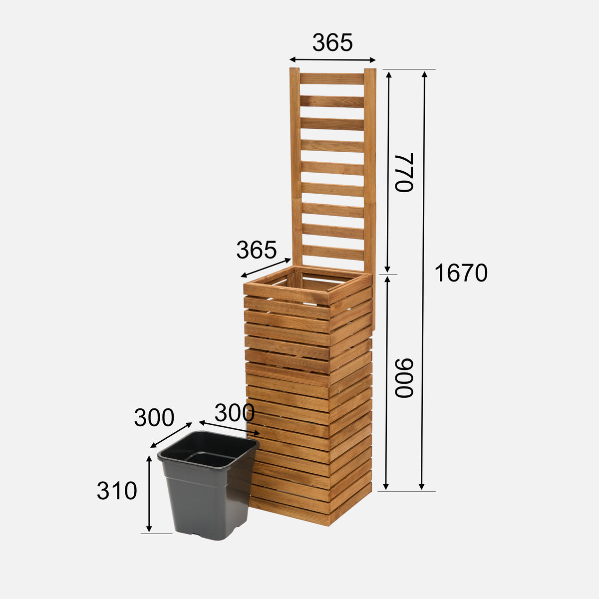 Wymiary donicy z kratką: 90 cm donica + 77 cm kratka
