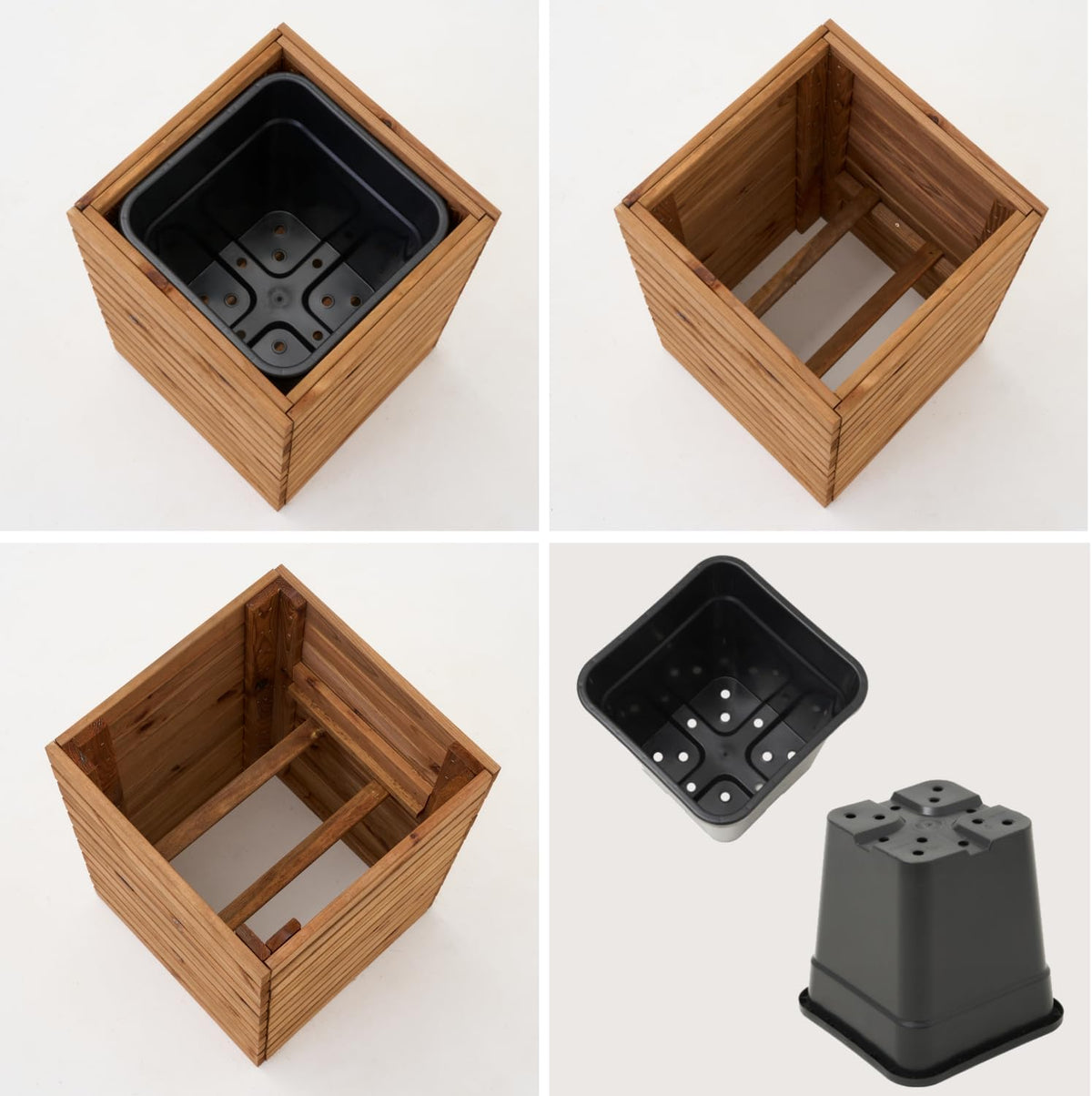 Detalles de la caja de madera y del inserto con orificios de drenaje