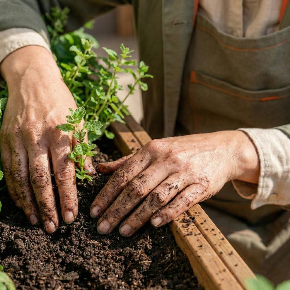 Plantando hierbas aromáticas en un macetero de madera alto para jardín