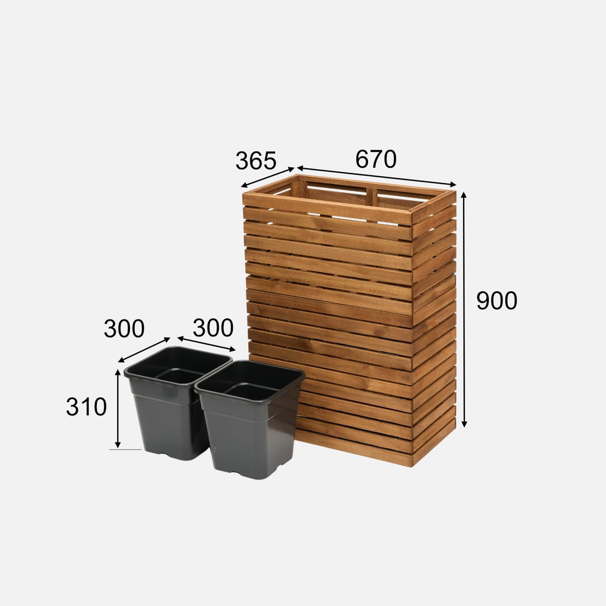 Maße des hohen Pflanzkübels aus Holz und des 18 l Einsatzes
