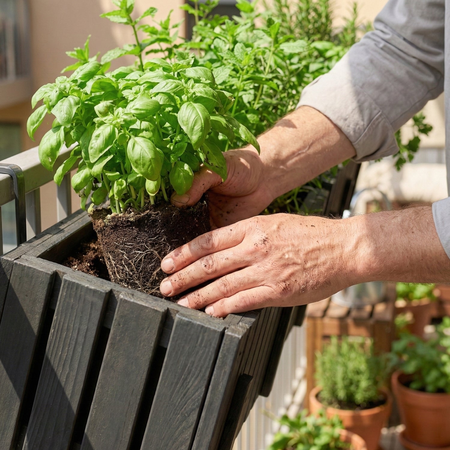 Vaso da balcone 45 cm antracite + inserto 6,8 l + manico balcone terrazza