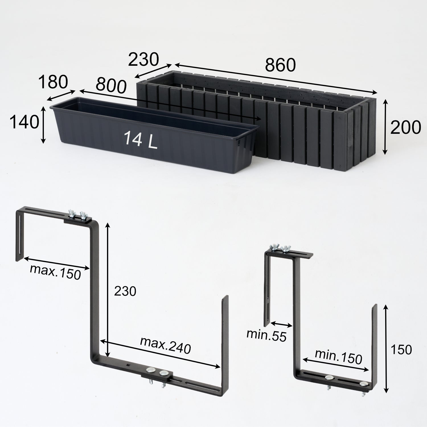 Maceta de balcón 86 cm antracita + inserto 14 l + asa balcón terraza