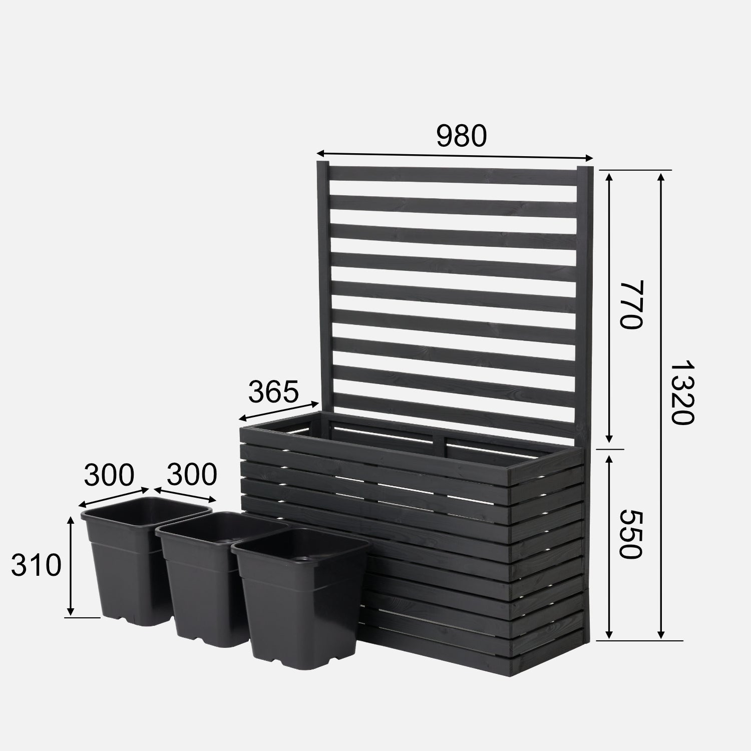 Dřevěný zahradní květináč s pergolovou mřížkou 132 cm, vložka 3x18 l, antracit 
