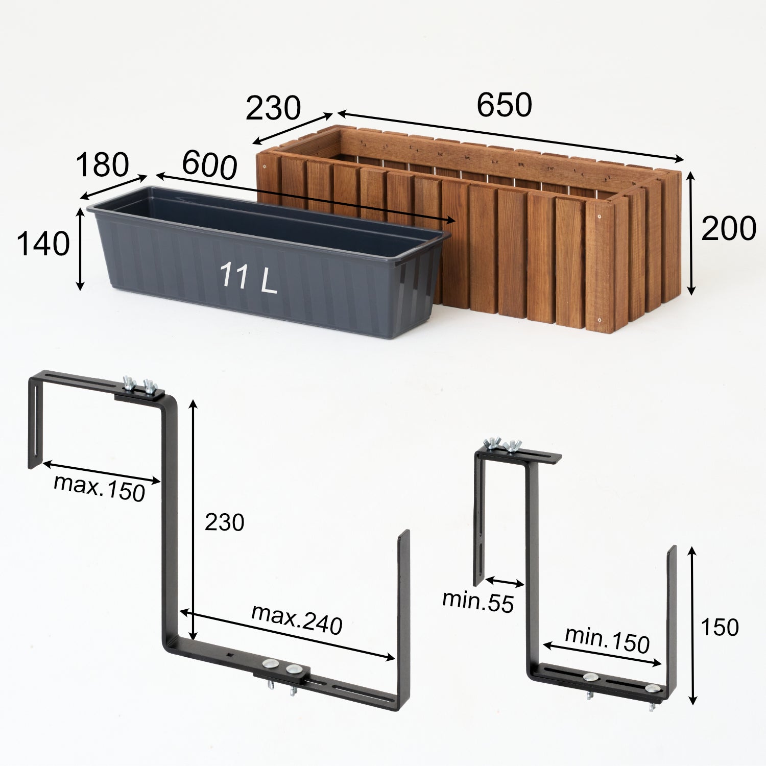 Pot de fleurs marron 65 cm + insert 11 l + poignée pour balcon/terrasse