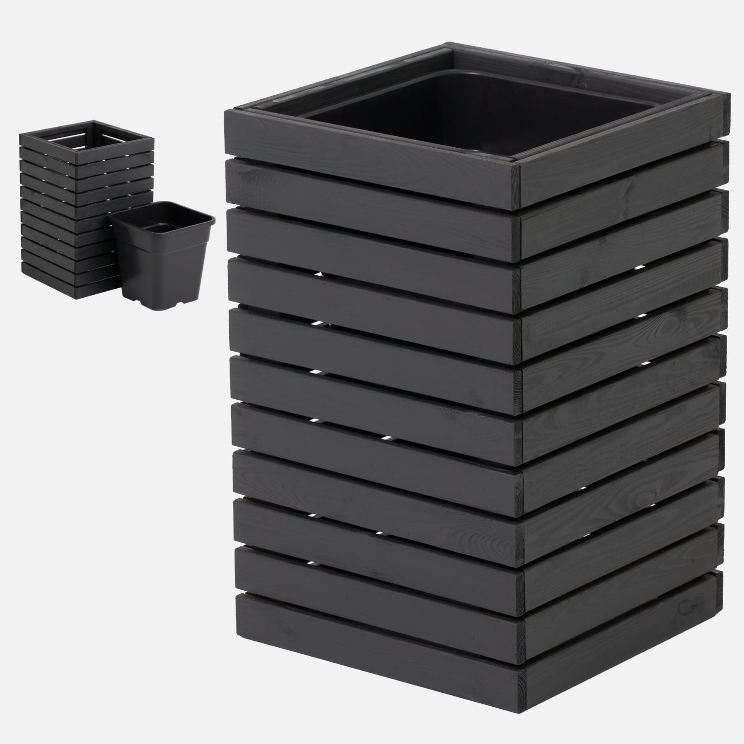 Großer schwarzer anthrazitfarbener Holzblumentopf, 36 x 36 x 55 cm (Höhe) 