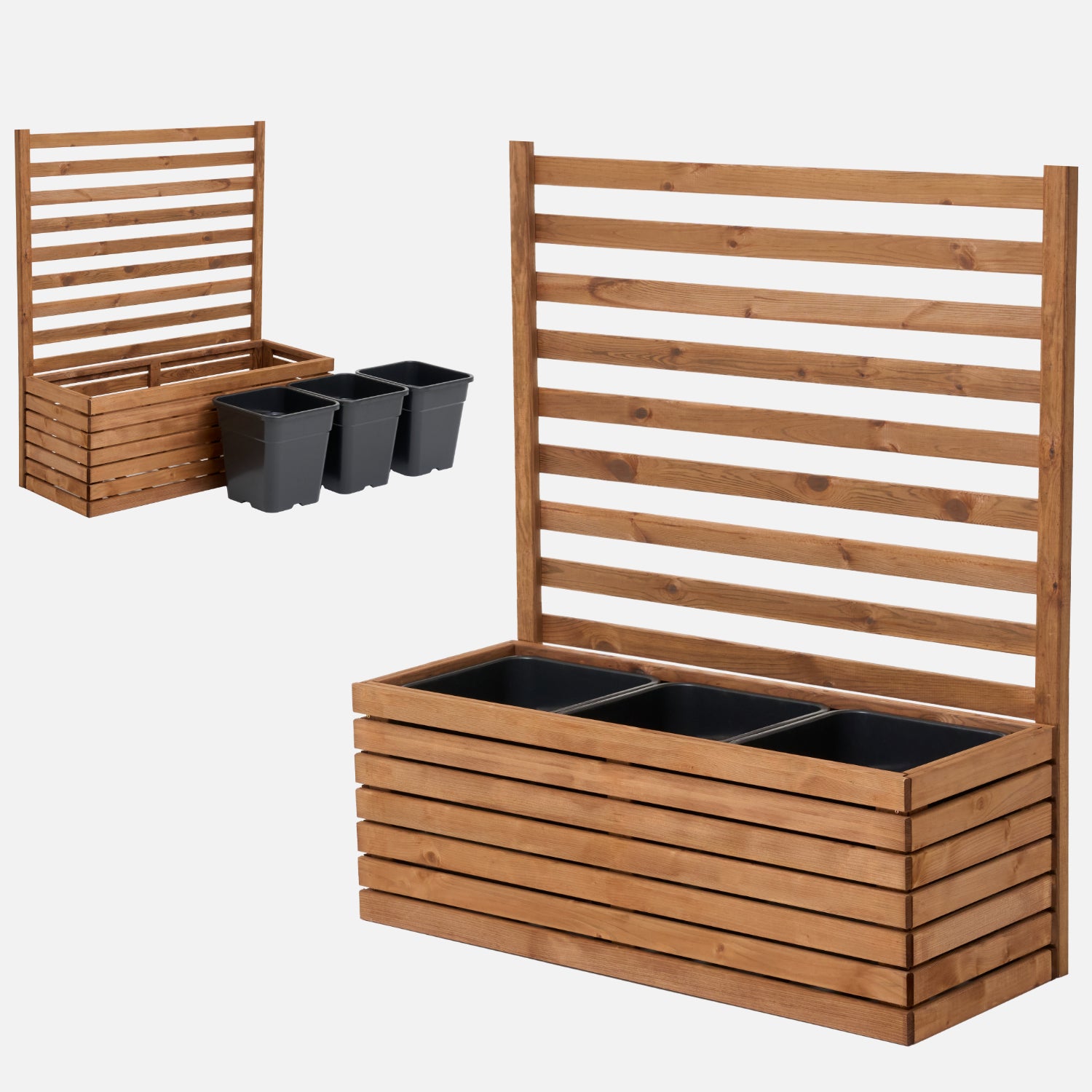 Donica ogrodowa drewniana z kratką pergola 112cm, wkład 3x18l, brązowa