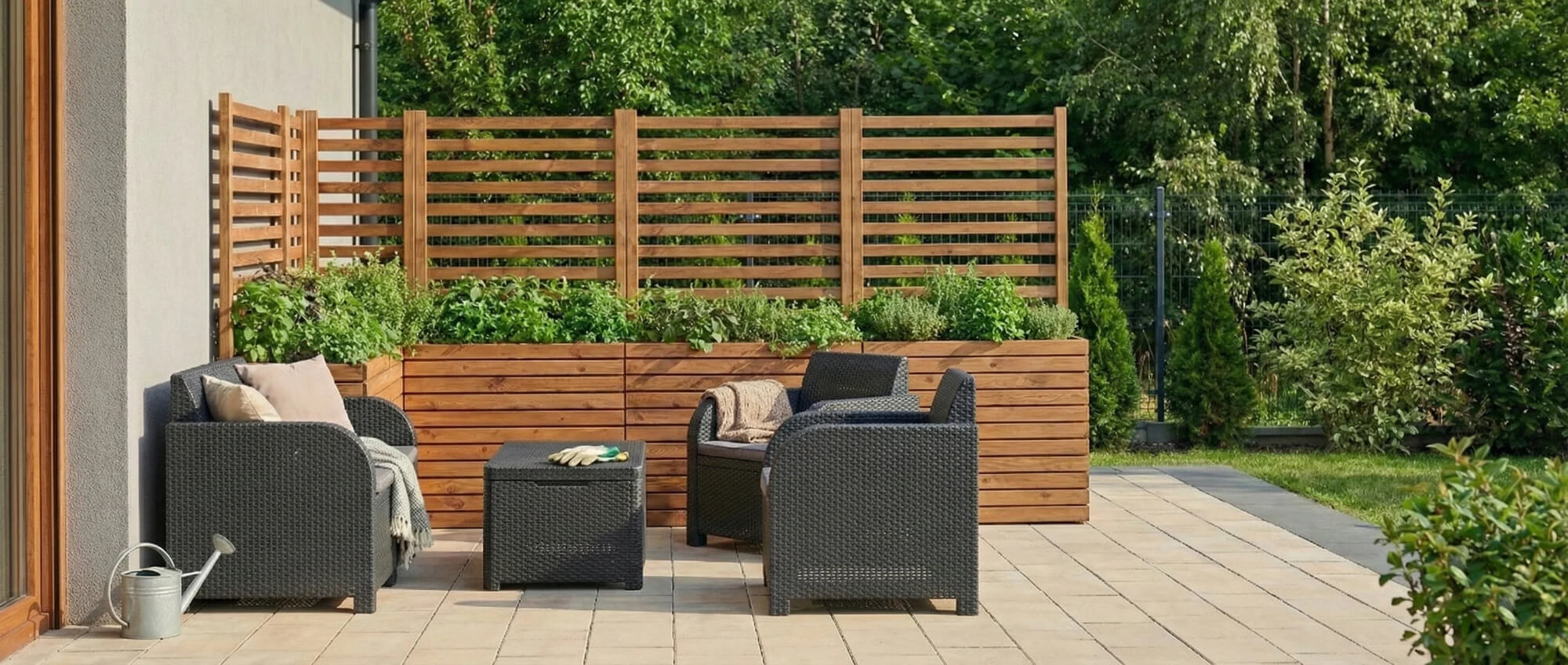 Nowoczesny taras z donicami i pergolą z drewna, zestawem mebli ogrodowych i zielenią