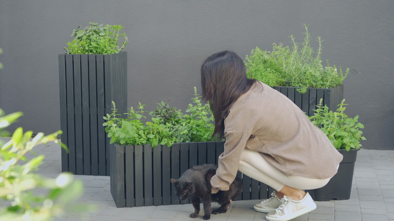 Załaduj wideo: Donica ogrodowa drewniana z kratką pergola 112cm, wkład 3x18l, antracytowa