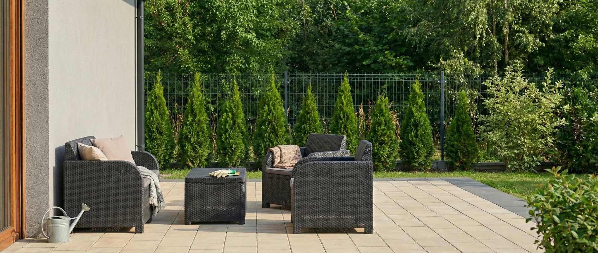 Nowoczesny taras z meblami ogrodowymi, otoczony tujami i zielenią, słoneczny dzień