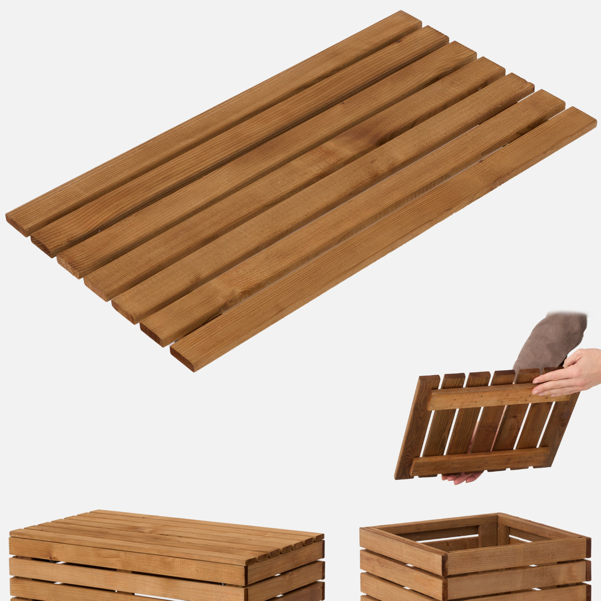Houten deksel voor plantenbak 67 x 36,5 cm – bovenaanzicht en deksel op de plantenbak